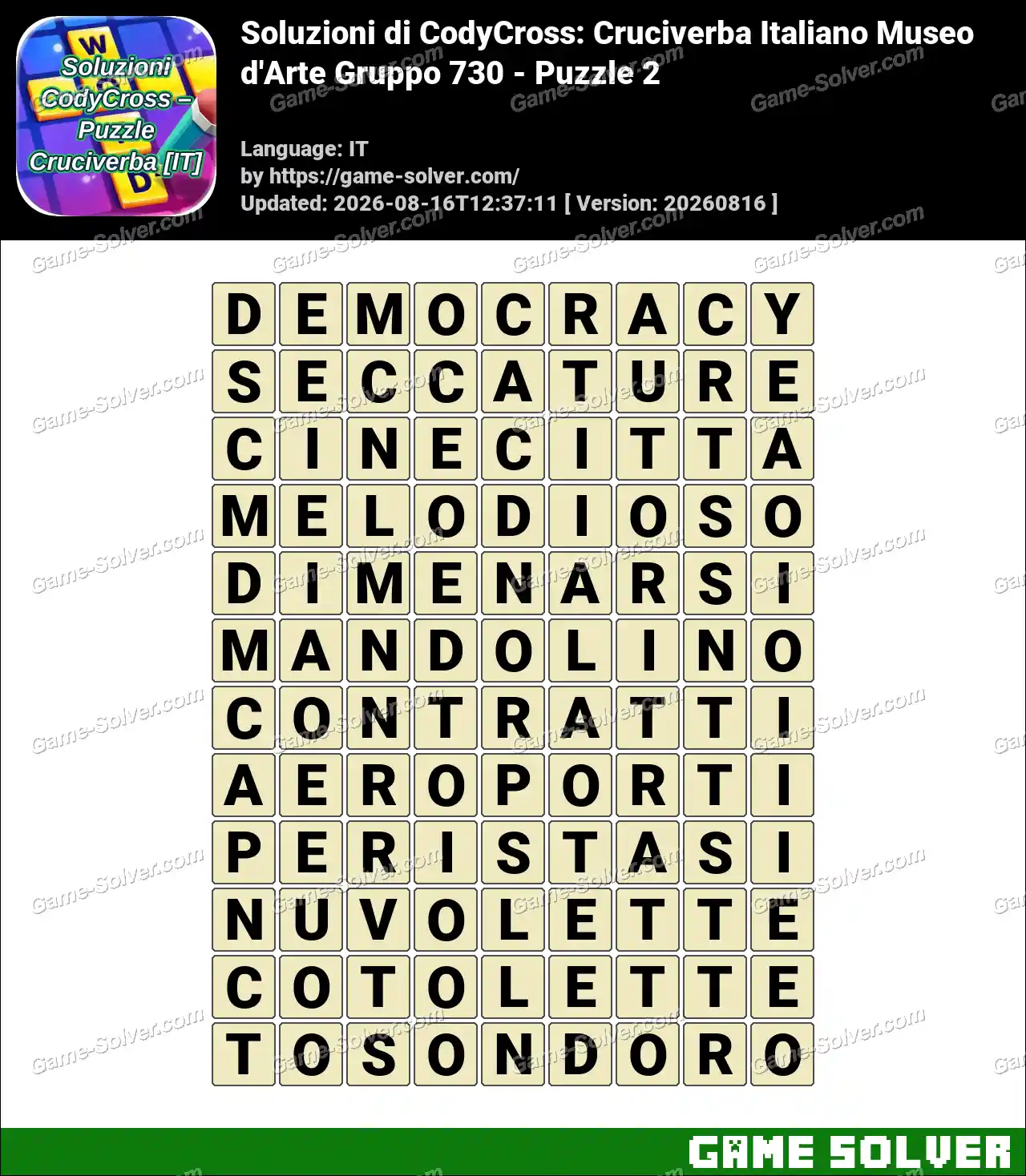 Soluzioni di CodyCross: Cruciverba Italiano Museo d’Arte Gruppo 730 – Puzzle 2